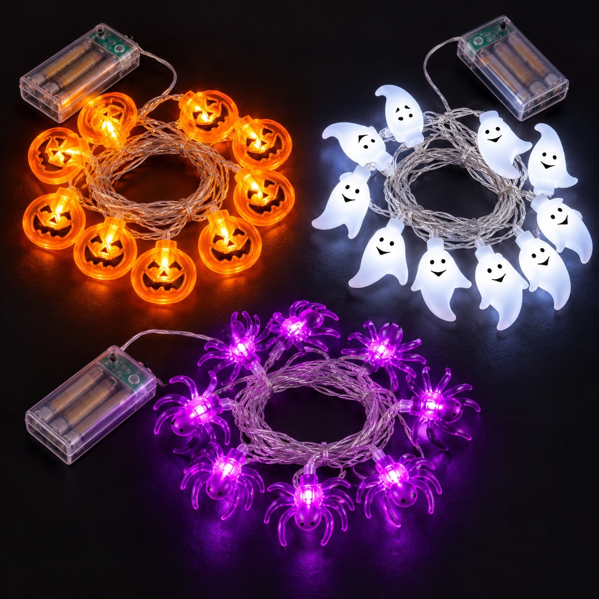 3 piece Halloween string lights set with pumpkin ghost and spider lights