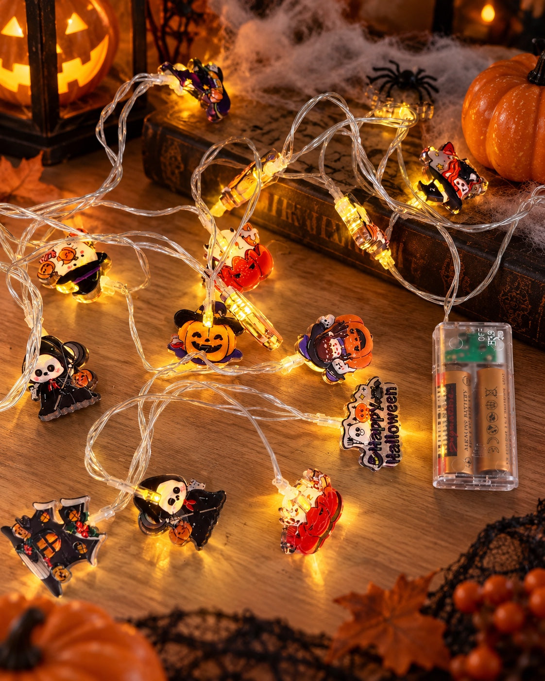 Halloween assorted character string lights lifestyle scene with battery pack