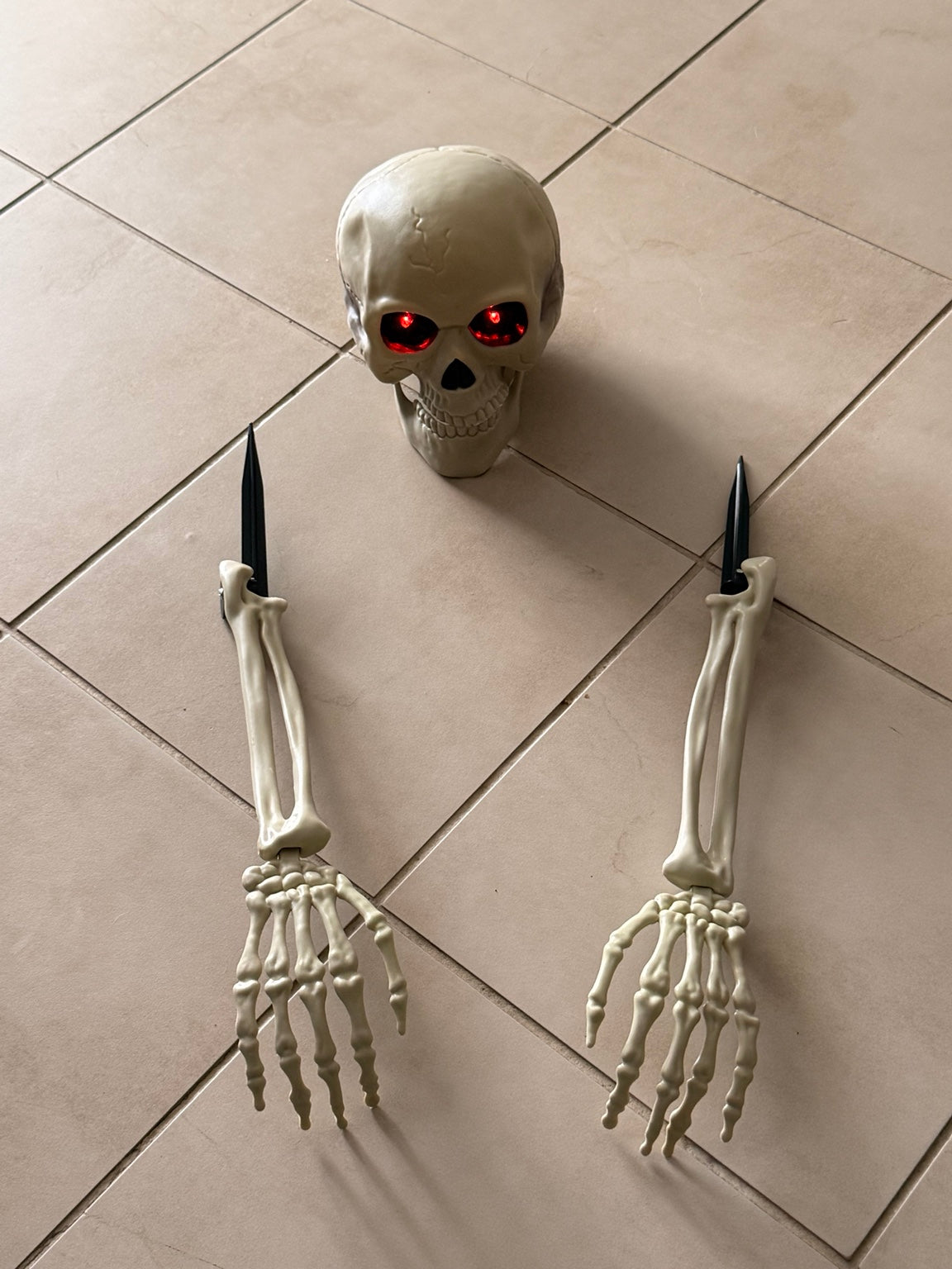 Halloween skull with glowing red eyes and two skeleton arm garden stakes