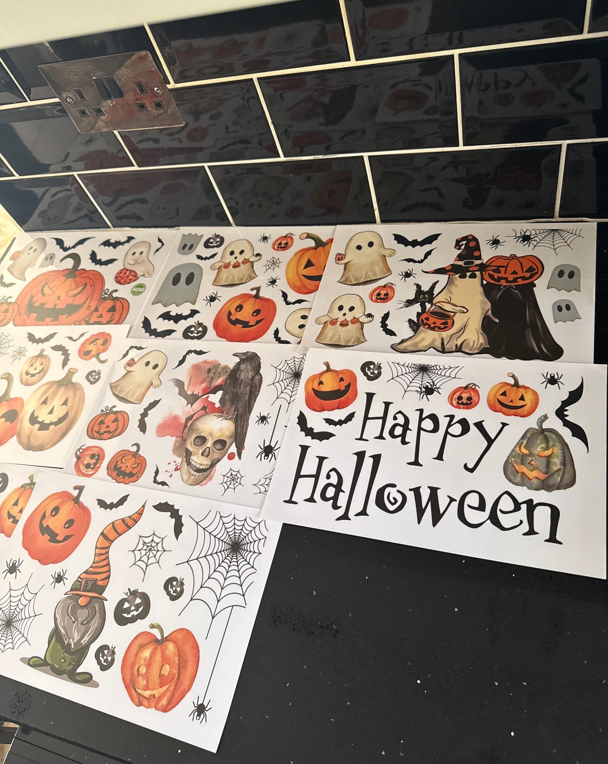 Selection of Halloween sticker sheets with pumpkins, ghosts and Happy Halloween lettering