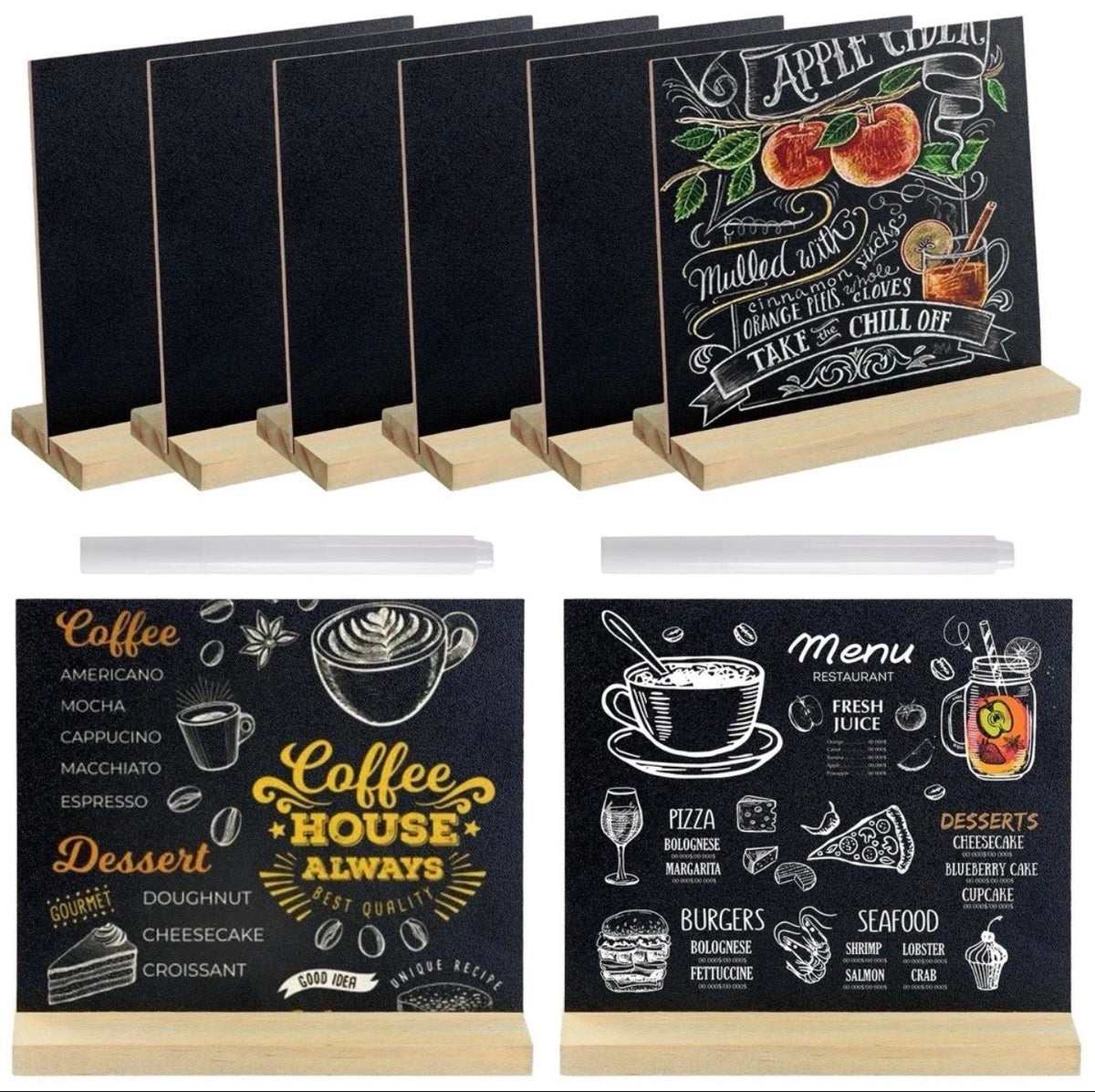 Eight mini chalkboard signs with wooden stands and chalk pens