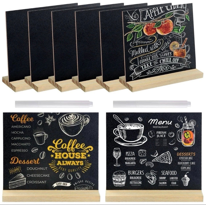Eight mini chalkboard signs with wooden stands and chalk pens