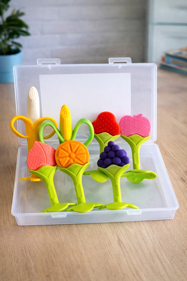 Colourful Vicloon baby teething toys displayed in storage case