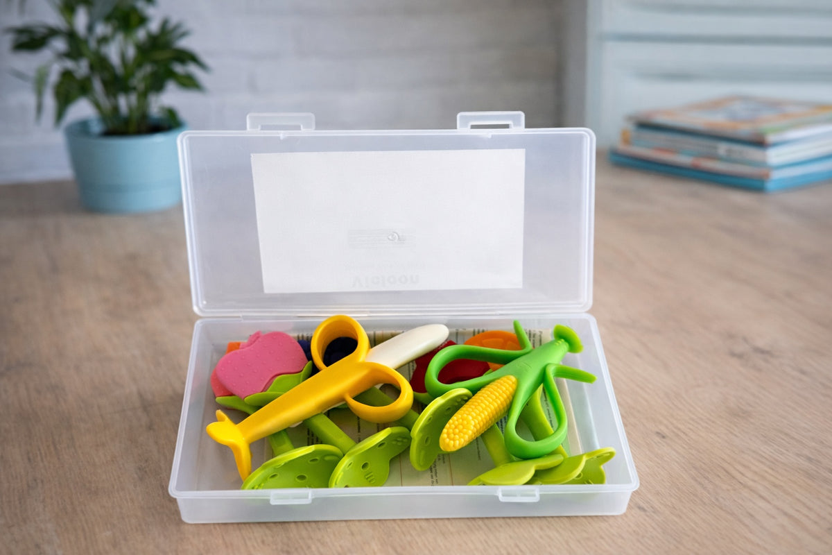 Vicloon baby teething toys set open in storage case
